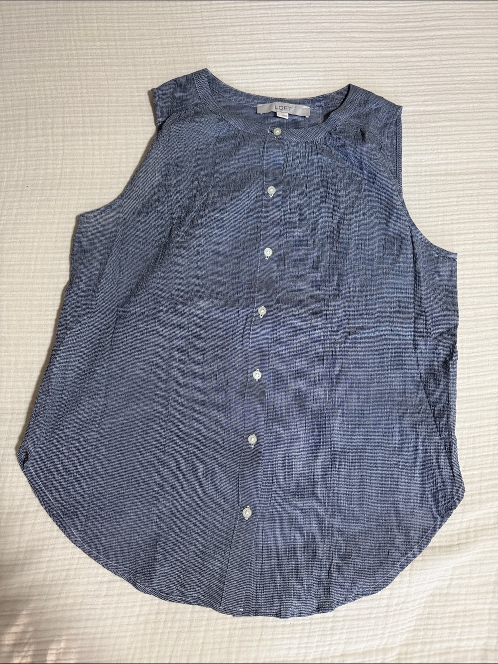 LOFT Button-Front Sleeveless Shell in Denim Blue Check